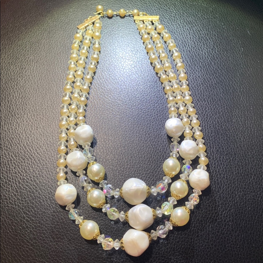 Vintage 3-Strand Baroque Faux Pearl & Crystal Bib Necklace #313